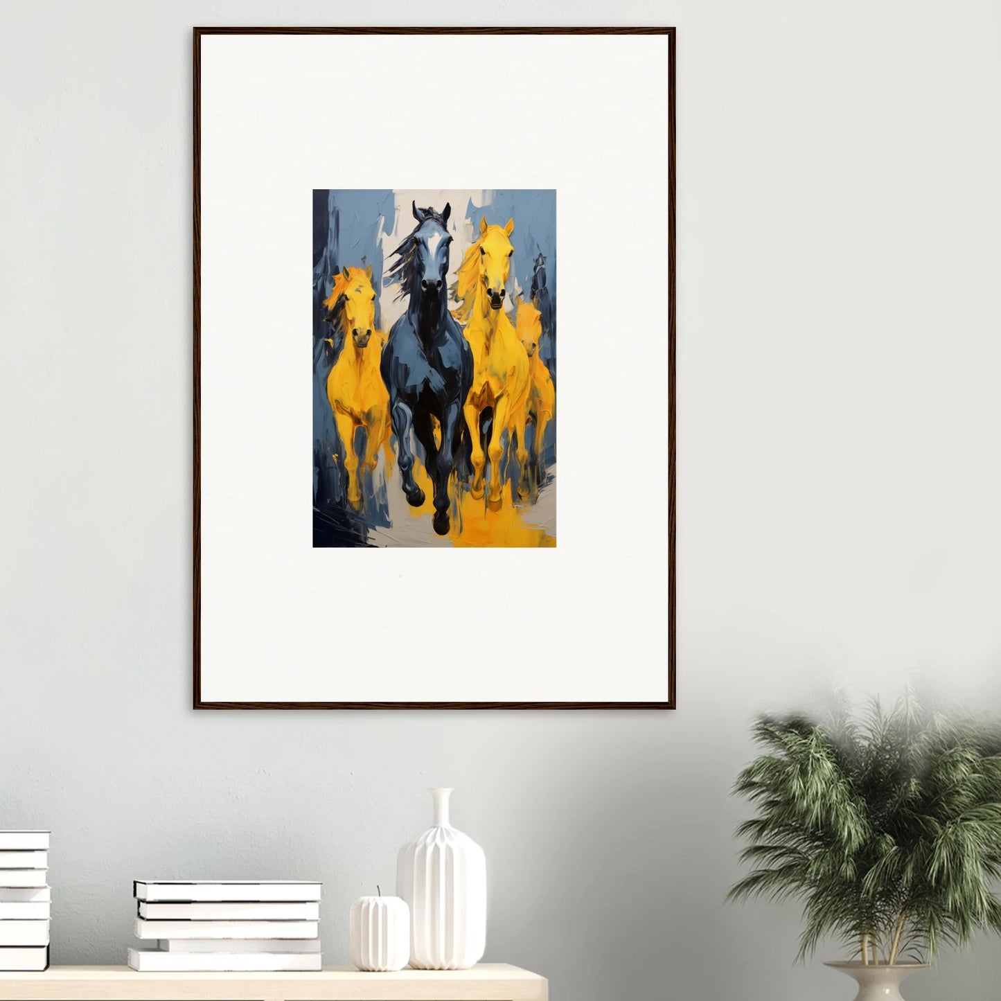 Framed wall art of mustsers stampede with galloping horses on vibrant blue background