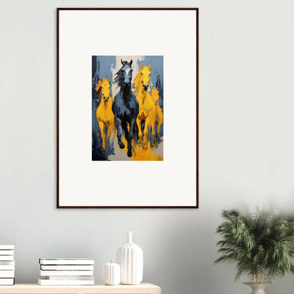 Framed wall art of mustsers stampede with galloping horses on vibrant blue background