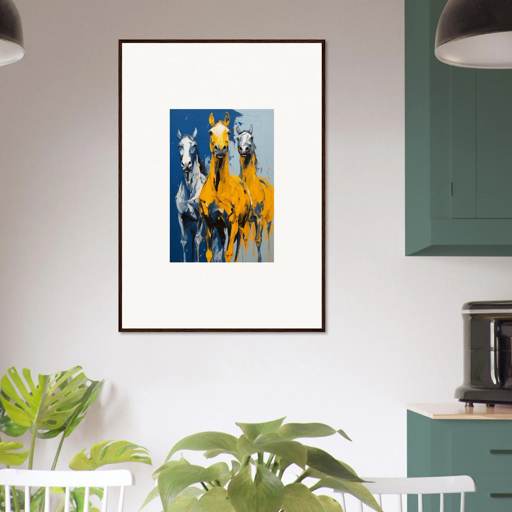 Framed wall art featuring three vibrant horses, perfect for Eleven Sunrise room decor