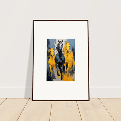 Framed wall art of mustsers stampede featuring three galloping horses for stylish room decor