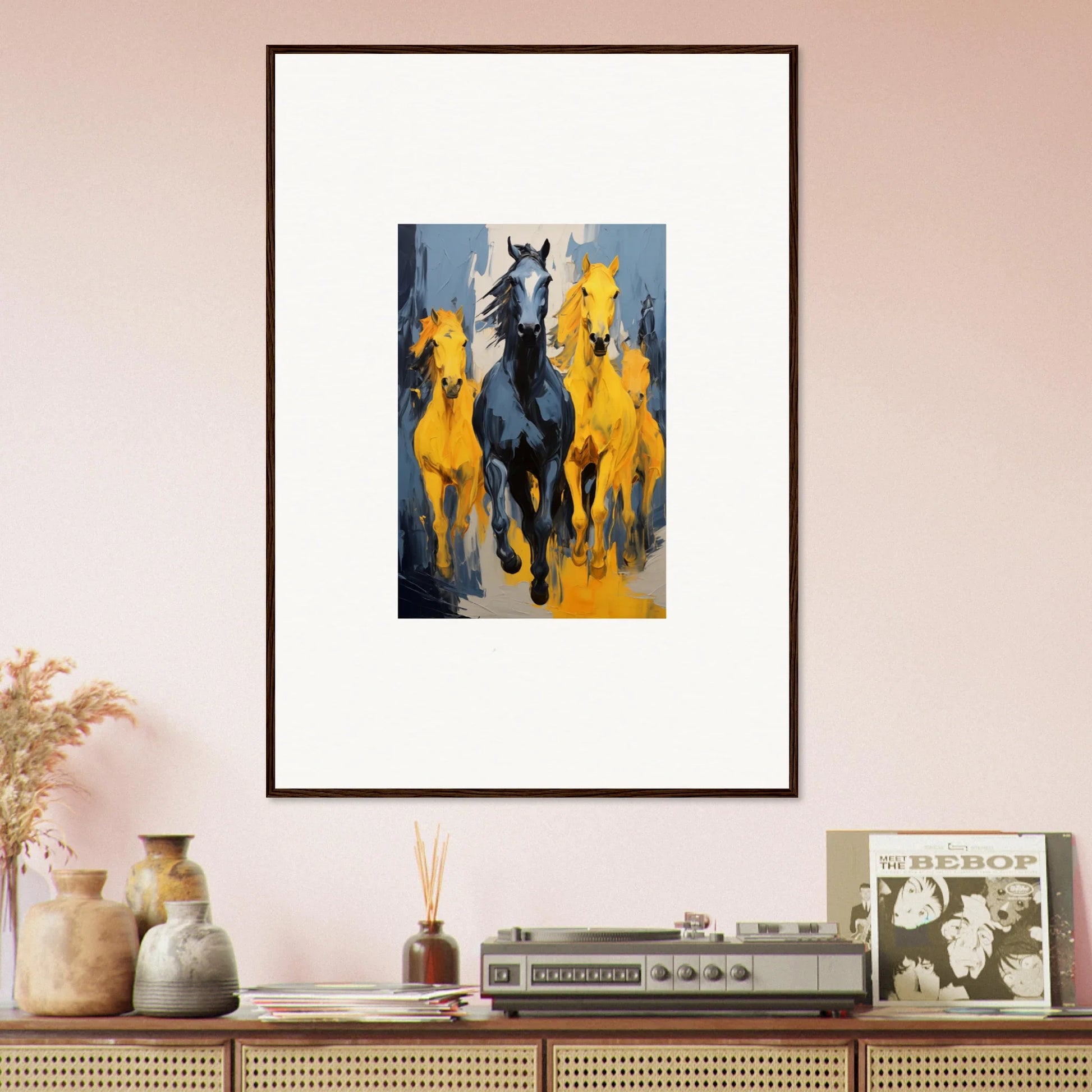 Framed wall art of three running horses for unique room decor, featuring Mustsers Stampede