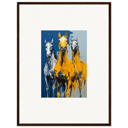 Framed wall art featuring three stylized horses in vibrant colors for Eleven Sunrise room decor