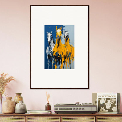 Framed wall art of three stylized horses in blue and yellow for Eleven Sunrise room decor