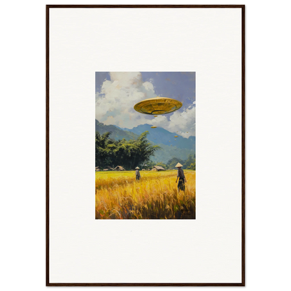 Framed wall art of UFO over wheat field, perfect for Circles Kabuki room decor