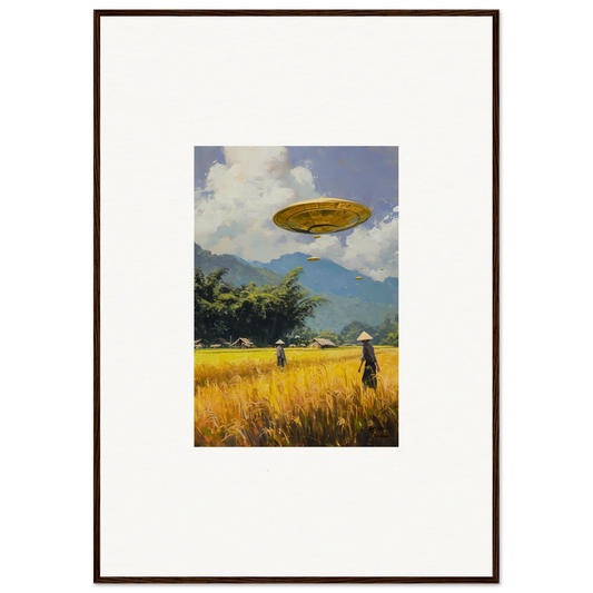 Framed wall art of UFO over wheat field, perfect for Circles Kabuki room decor