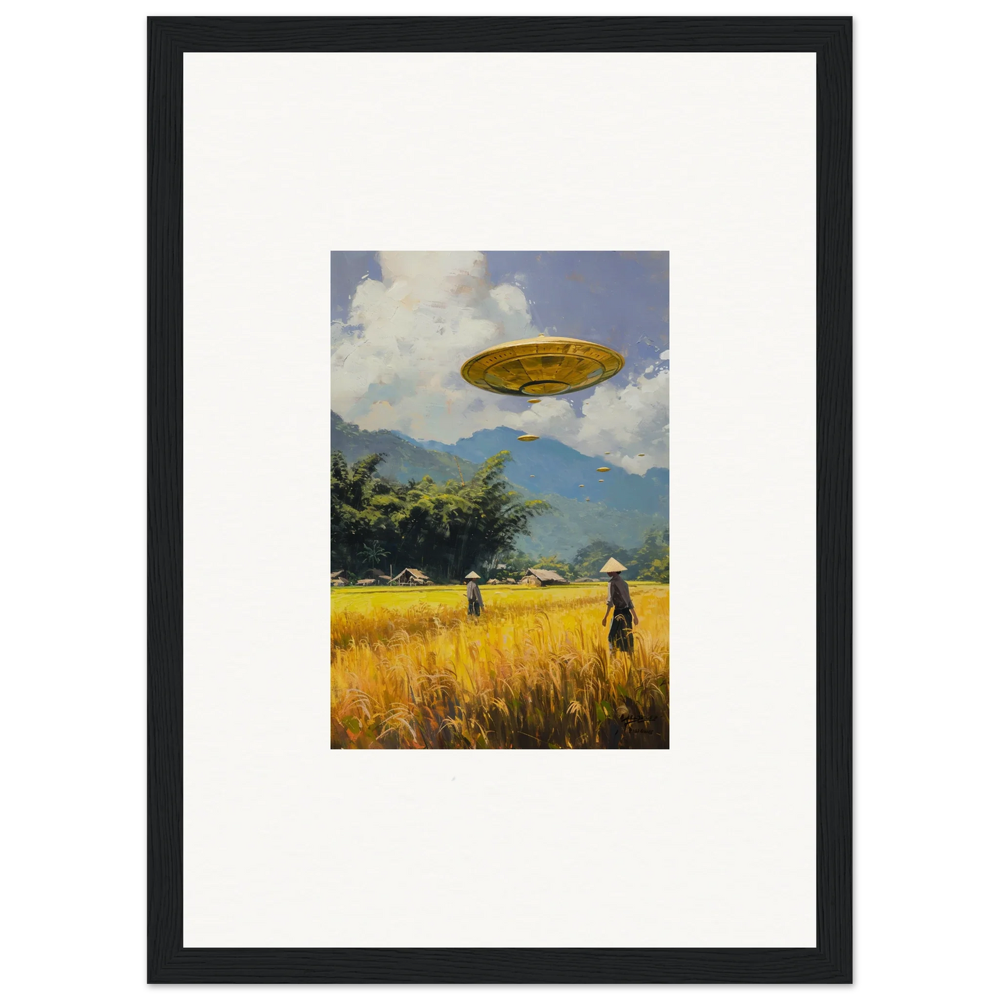 Framed wall art of a UFO over a golden field, perfect for room decor with Circles Kabuki