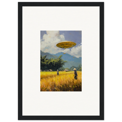 Framed wall art of a UFO over a golden field, perfect for room decor with Circles Kabuki