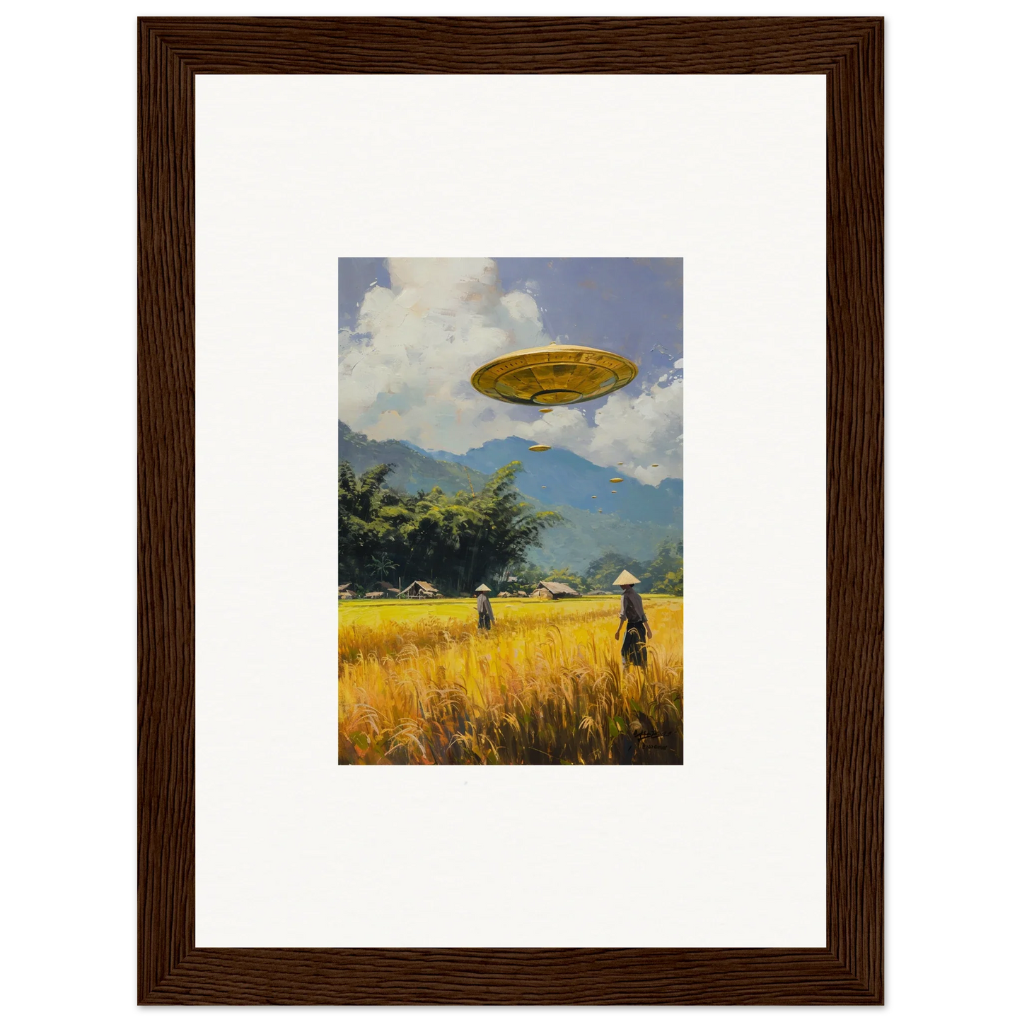 Framed wall art featuring a UFO over a rural field, perfect for Circles Kabuki room decor