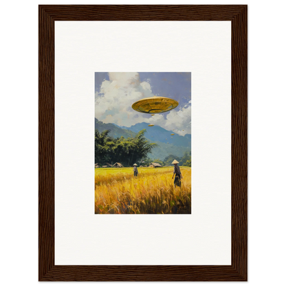 Framed wall art featuring a UFO over a rural field, perfect for Circles Kabuki room decor