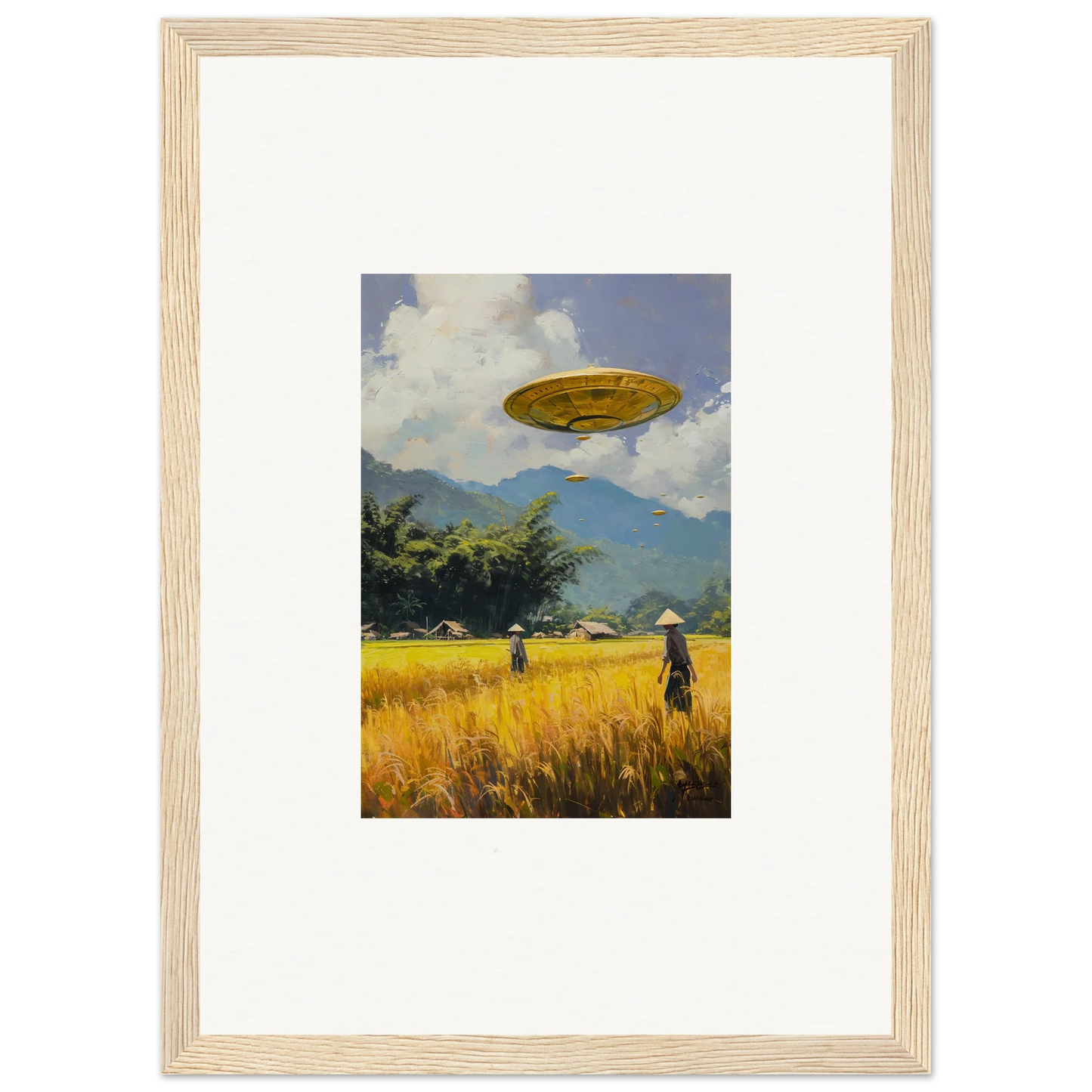 Framed wall art of a UFO over a rural field, perfect for unique room decor and circles kabuki