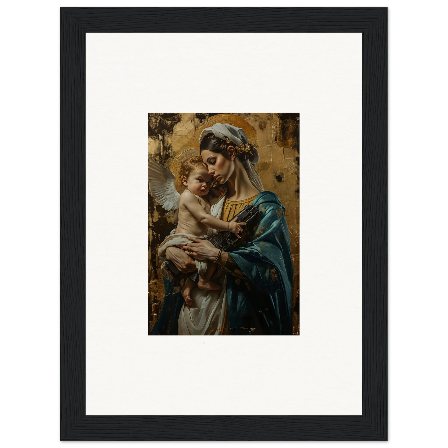 Framed wall art of a woman and baby inspired by Madonna, perfect for metallic lullabies room decor