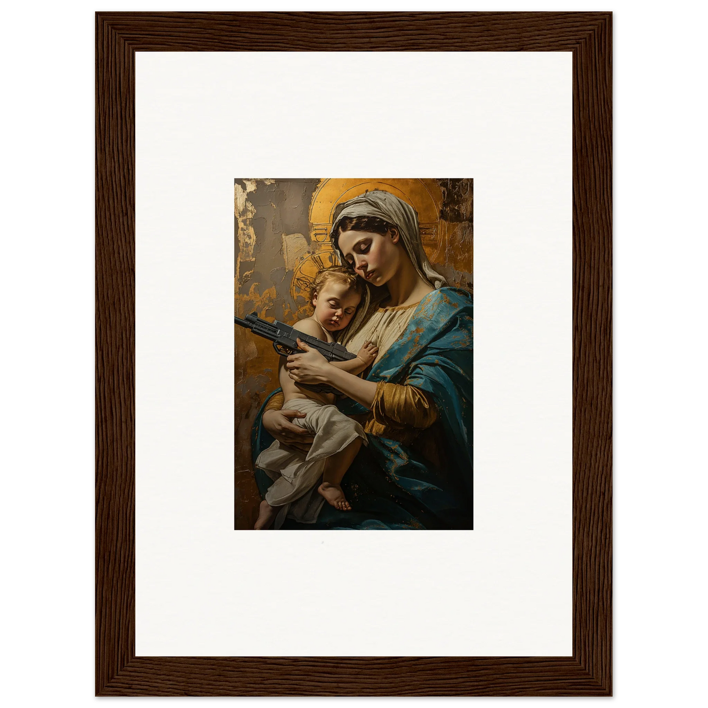 Framed wall art of a woman holding a baby, embodying Serenity Spirit in classical style