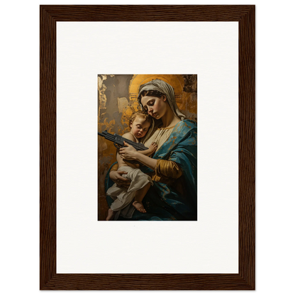 Framed wall art of a woman holding a baby, embodying Serenity Spirit in classical style