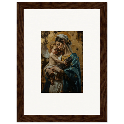 Framed wall art of woman with baby, capturing metallic lullabies for elegant room decor