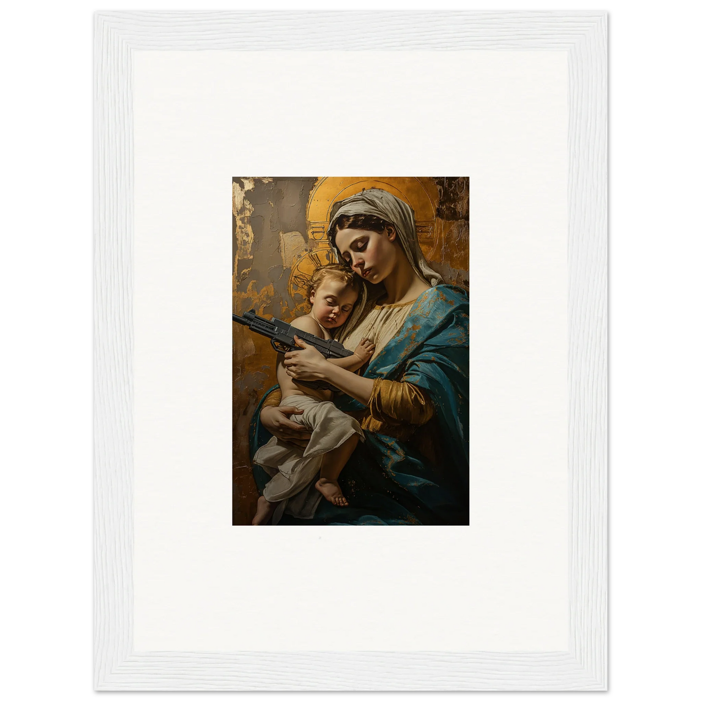 Framed wall art of a woman and baby, embodying serenity spirit for elegant room decor