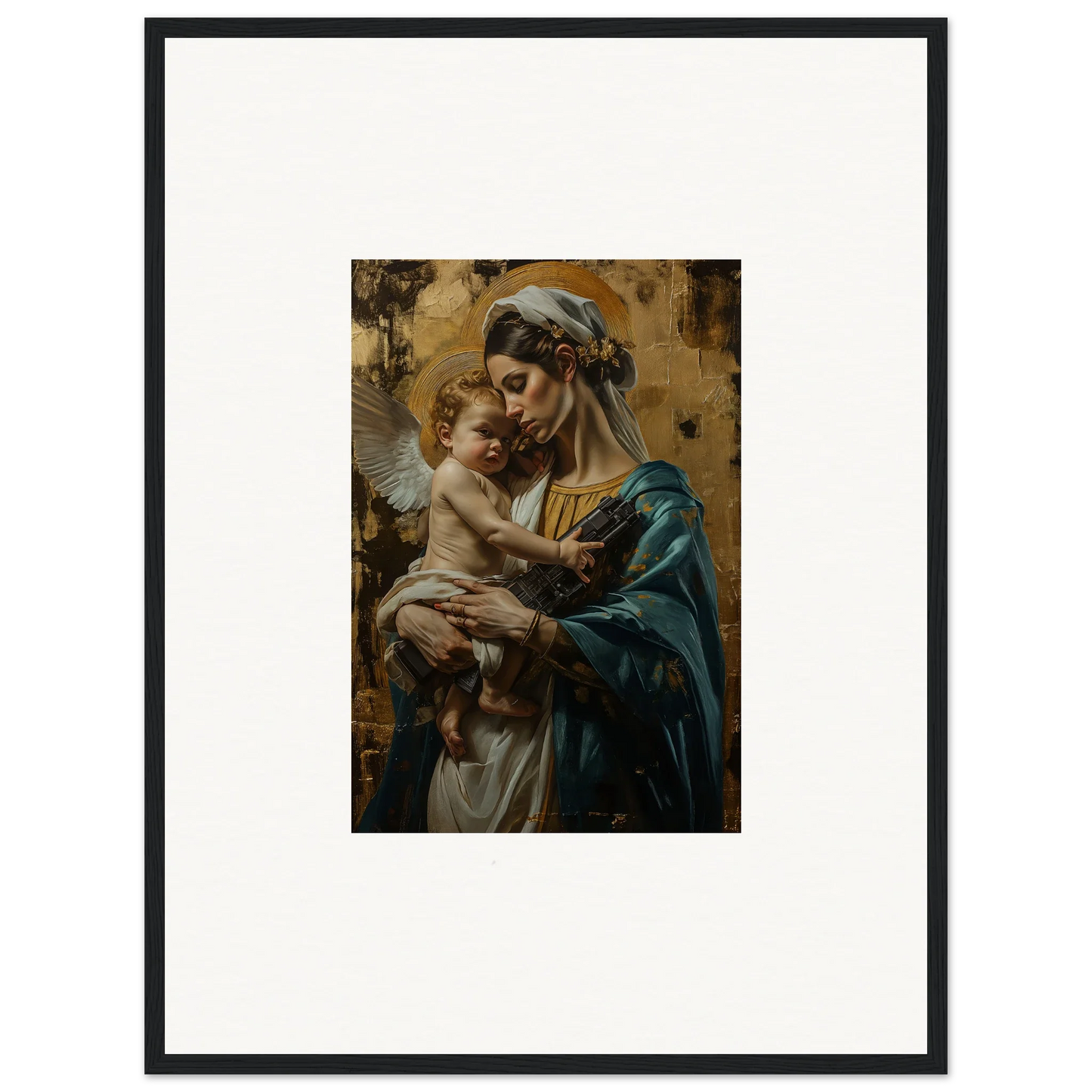 Framed wall art of a woman holding a baby, perfect for metallic lullabies room decor