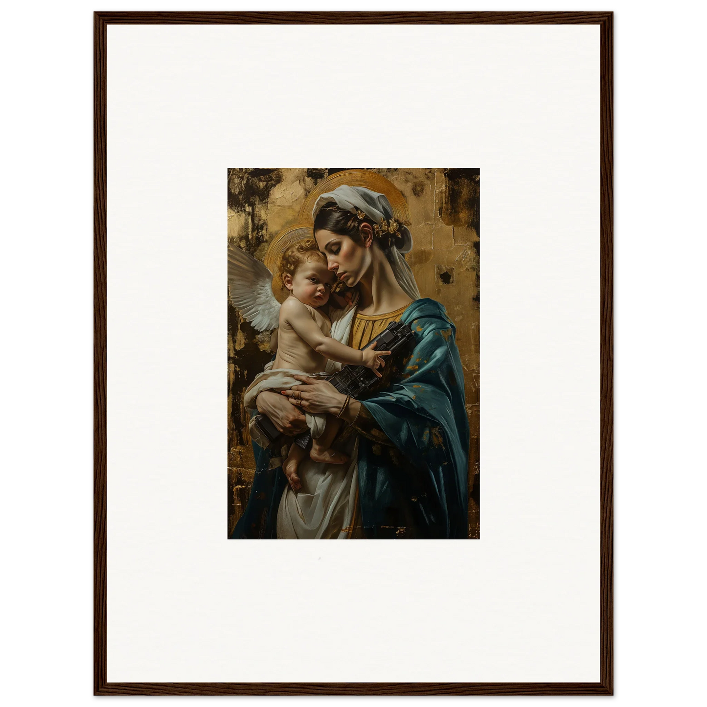 Framed wall art of woman with baby in classical style, perfect for room decor and metallic lullabies