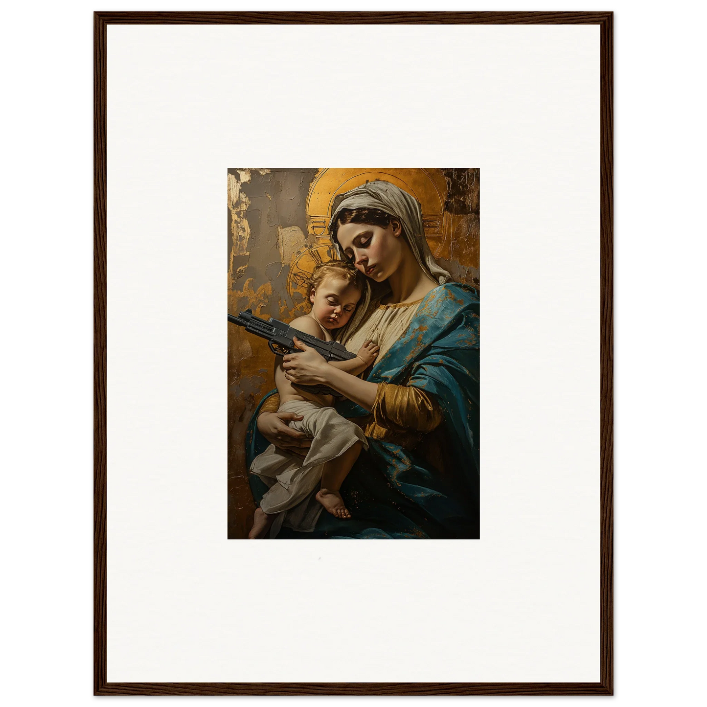 Framed wall art of a woman holding a baby, enhancing serenity spirit in room decor