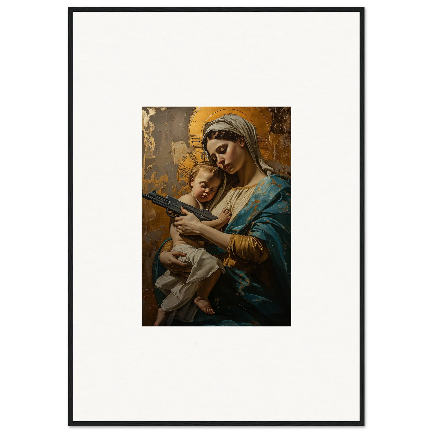 Framed wall art of a woman holding a baby, embodying serenity spirit for room decor