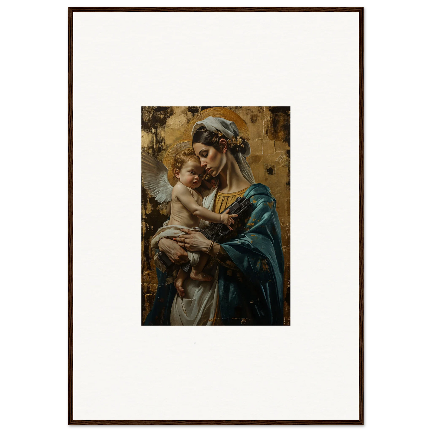 Framed wall art of a woman with a baby, inspired by Madonna and Child, metallic lullabies