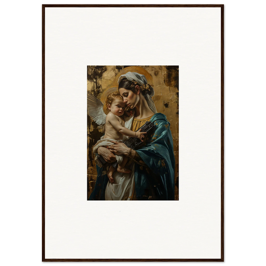 Framed wall art of a woman with a baby, inspired by Madonna and Child, metallic lullabies