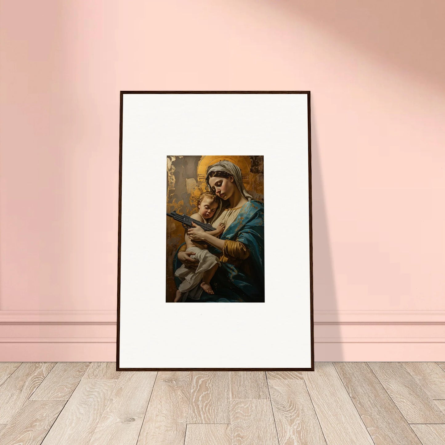 Framed wall art of a woman with a baby, enhancing serenity spirit in room decor