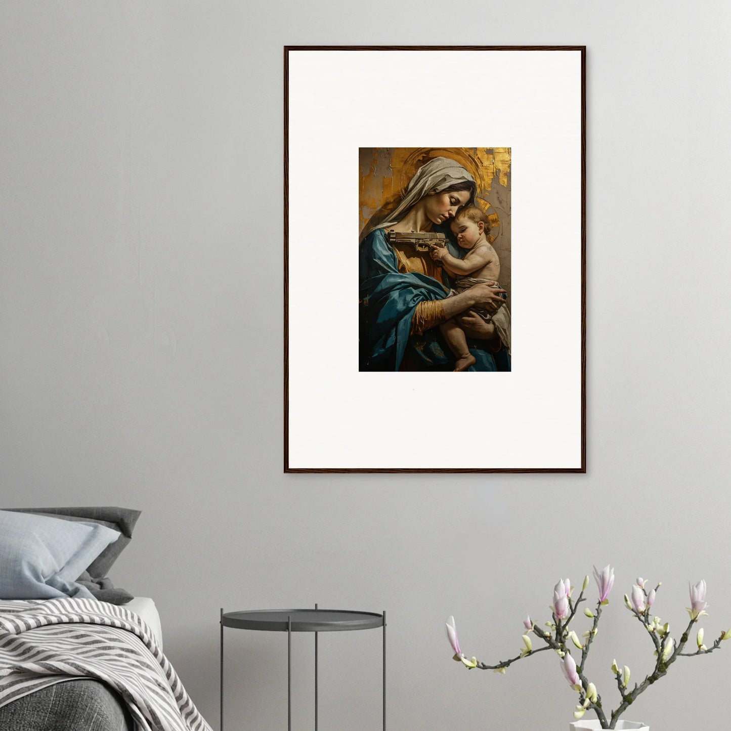 Framed wall art of a woman and baby in Saints Harmony for elegant room decor