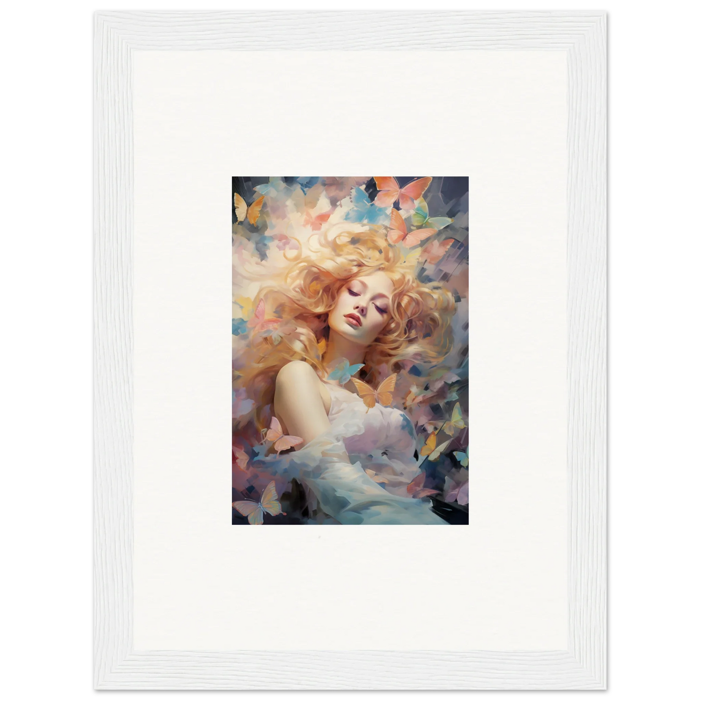 Framed wall art of a woman with flowing blonde hair for vibrant room decor