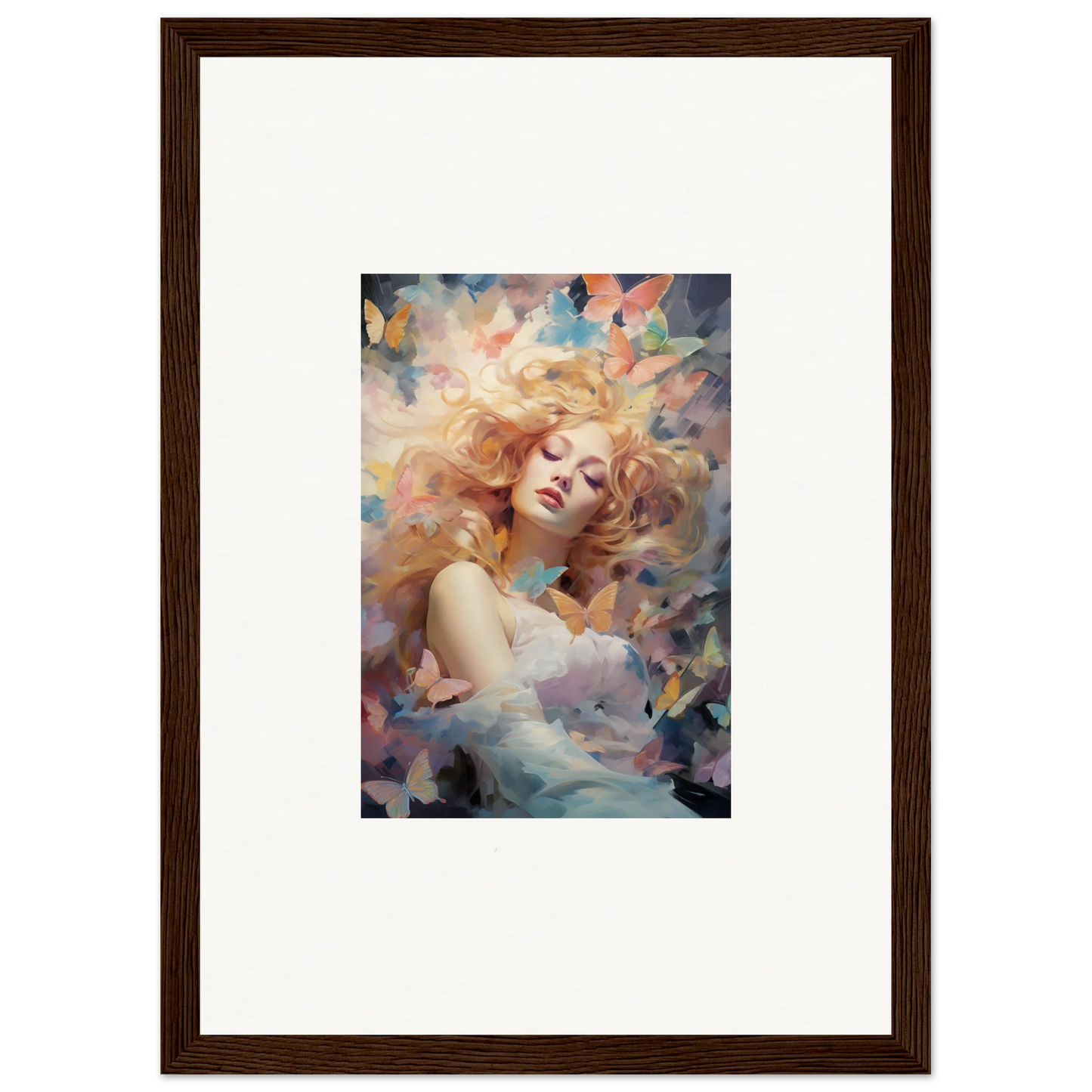 Framed wall art of a woman with blonde hair and butterflies for stylish room decor