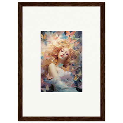 Framed wall art of a woman with blonde hair and butterflies for stylish room decor