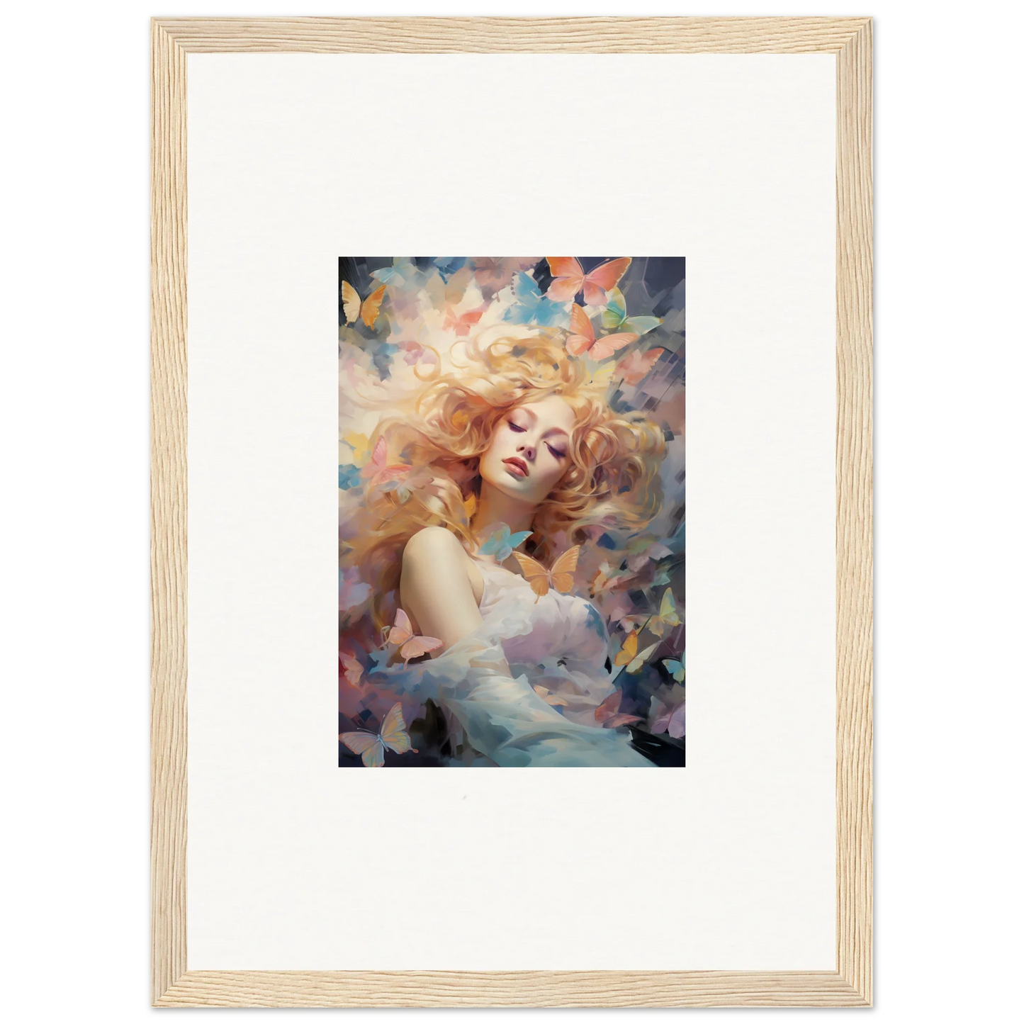 Framed wall art of a woman with blonde hair and abstract colors for stylish room decor