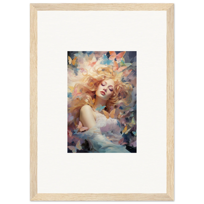 Framed wall art of a woman with blonde hair and abstract colors for stylish room decor