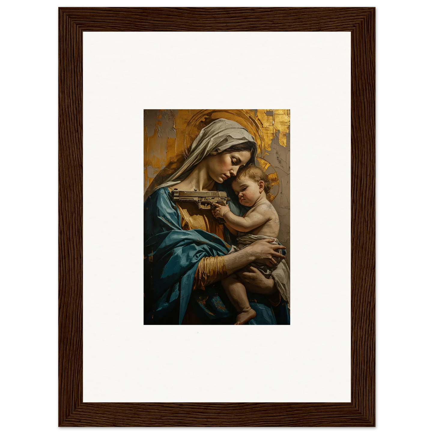 Framed wall art of a woman in blue robes with a baby for Saints Harmony room decor