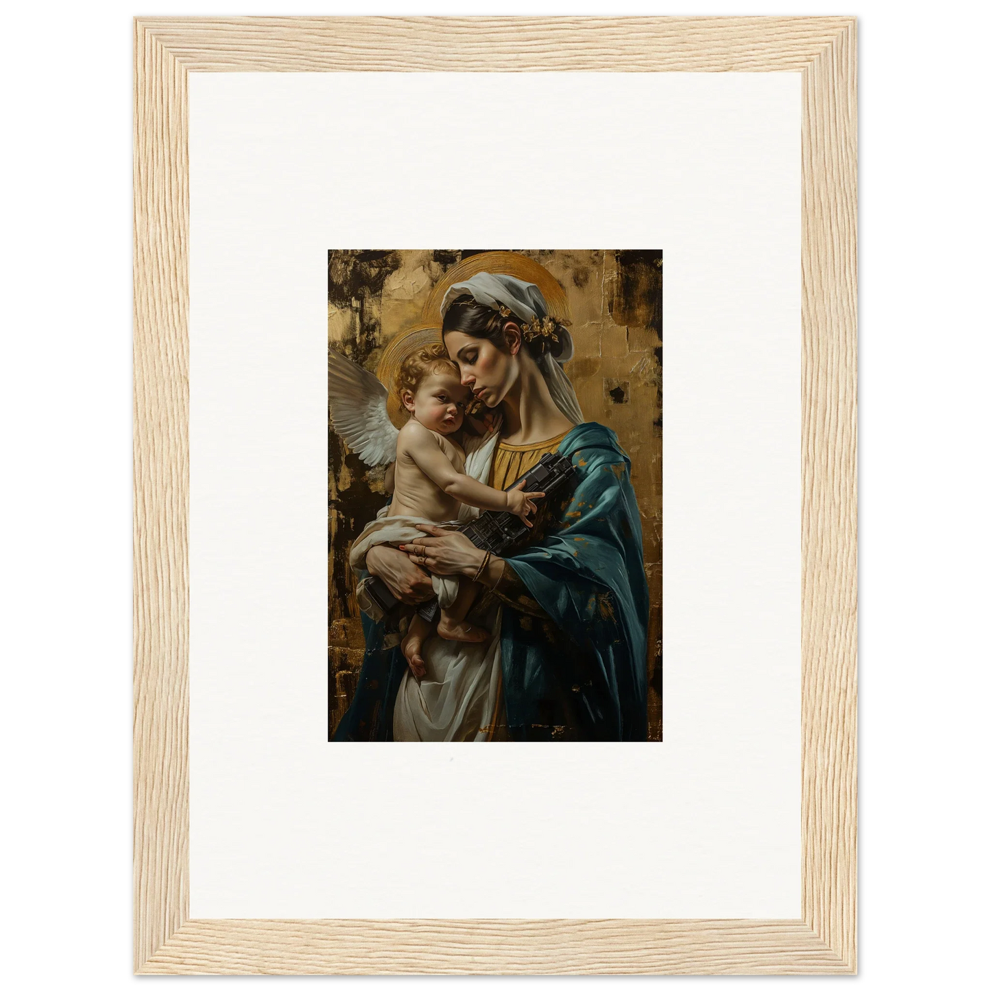 Framed wall art of a woman in blue robes with a baby for serene room decor