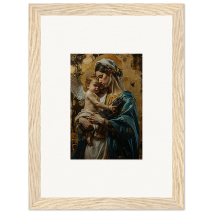 Framed wall art of a woman in blue robes with a baby for serene room decor