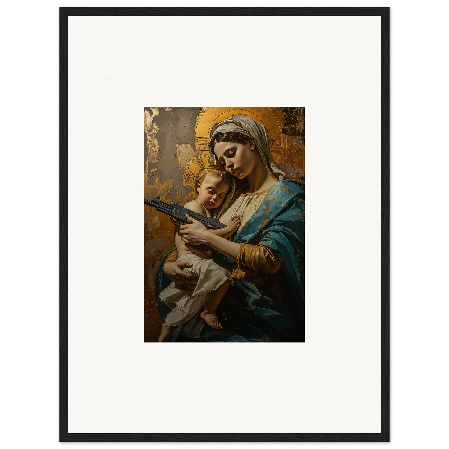 Framed wall art of a woman in blue holding a baby for serene room decor