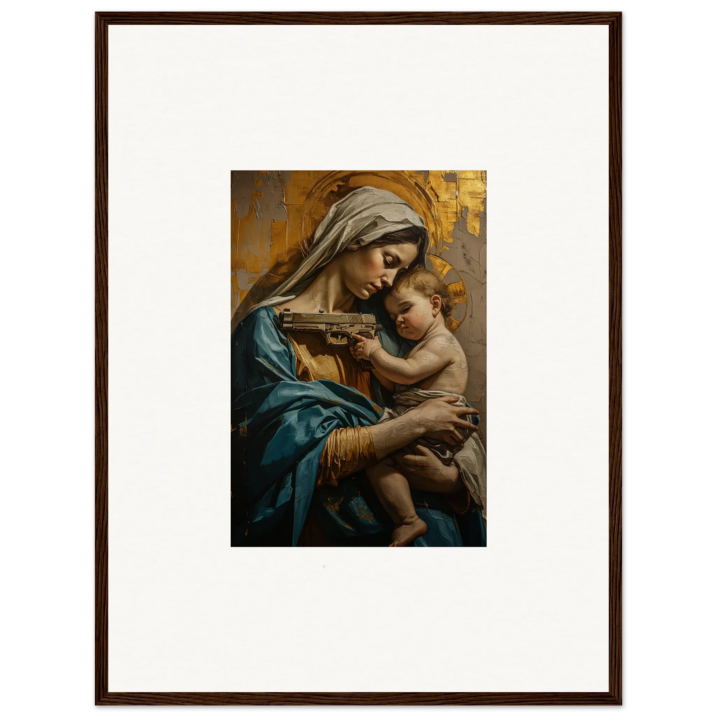 Framed wall art of a woman in blue robes with a baby for Saints Harmony room decor