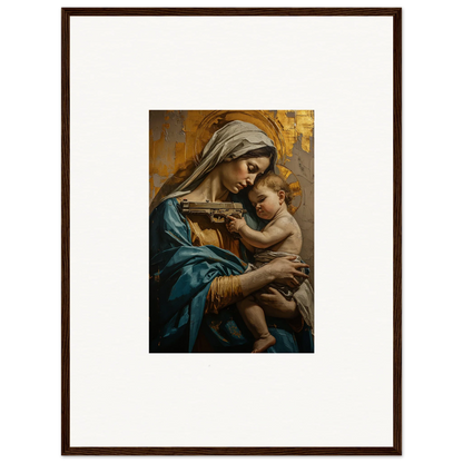 Framed wall art of a woman in blue robes with a baby for Saints Harmony room decor