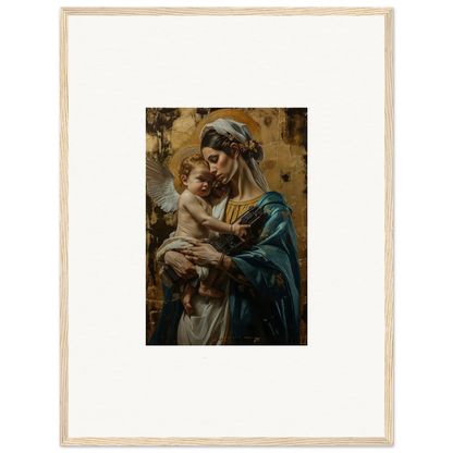 Framed wall art of a woman in blue robes with a cherubic child, perfect for room decor