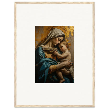 Framed wall art of a woman in blue robes with a baby for Saints Harmony room decor