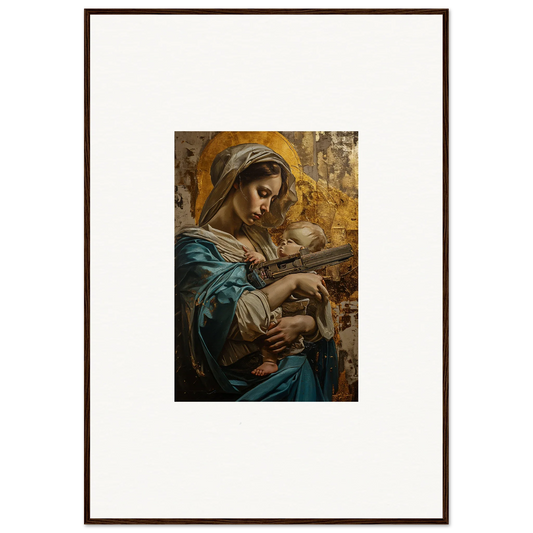 Framed wall art of a woman in blue robes with a baby for elegant room decor