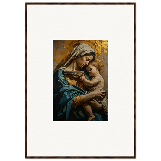 Framed wall art of a woman in blue robes with a baby for Saints Harmony room decor