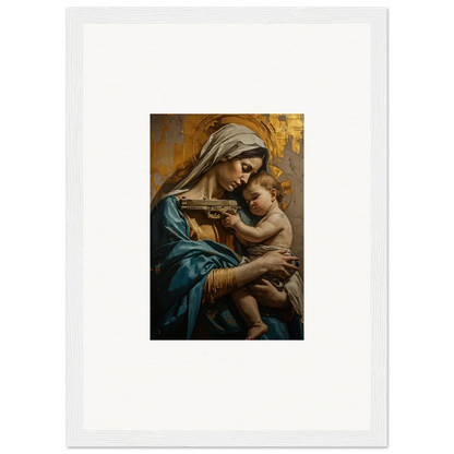 Framed wall art of a woman in blue robes with a baby for Saints Harmony room decor