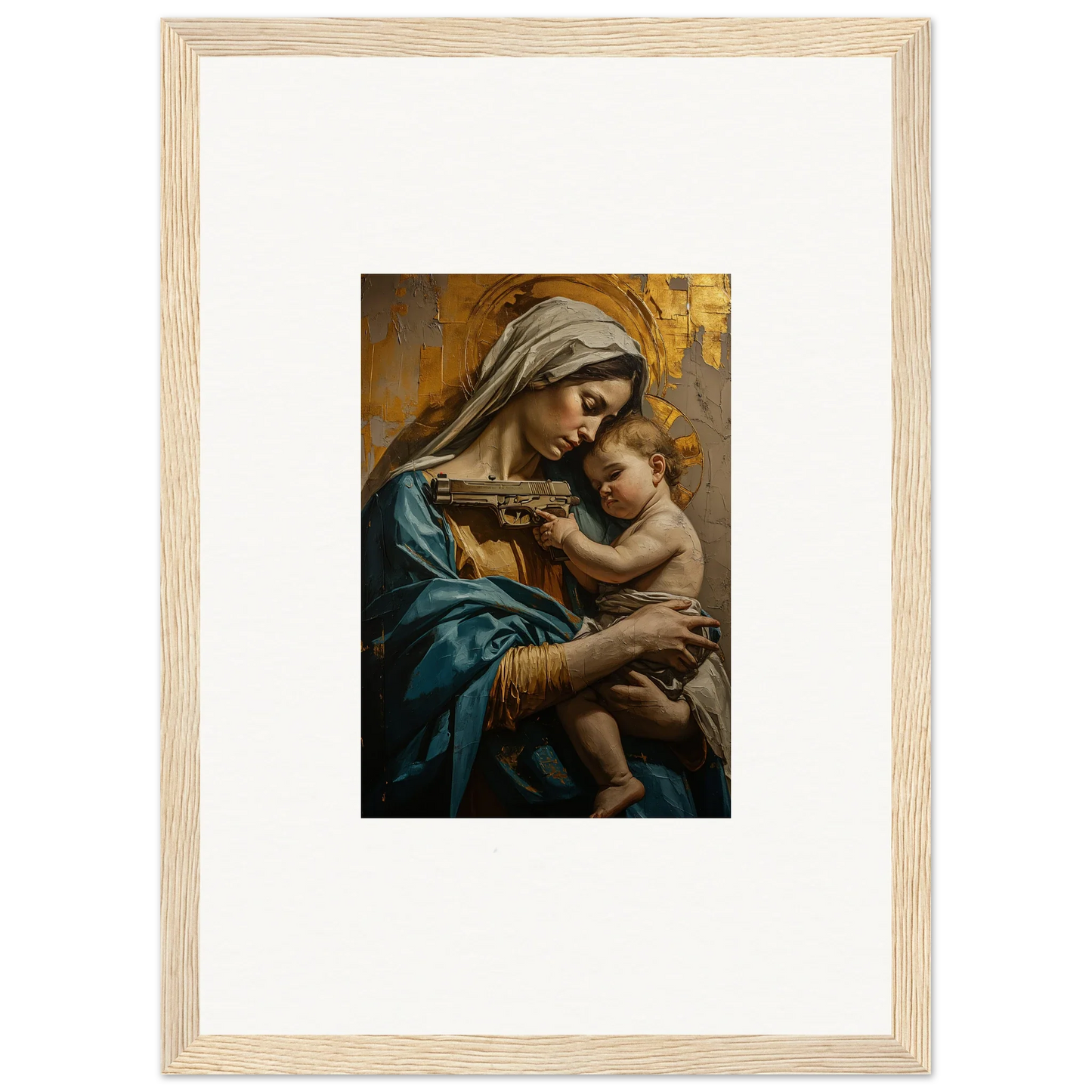 Framed wall art of a woman in blue robes with a baby for Saints Harmony room decor