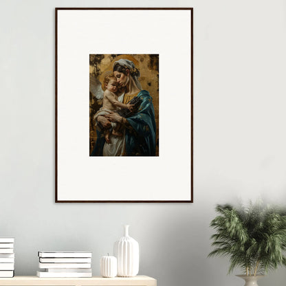 Framed wall art of a woman in blue with a baby, perfect for metallic lullabies room decor