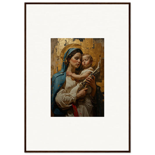 Framed wall art of a woman holding a child with a golden background for room decor