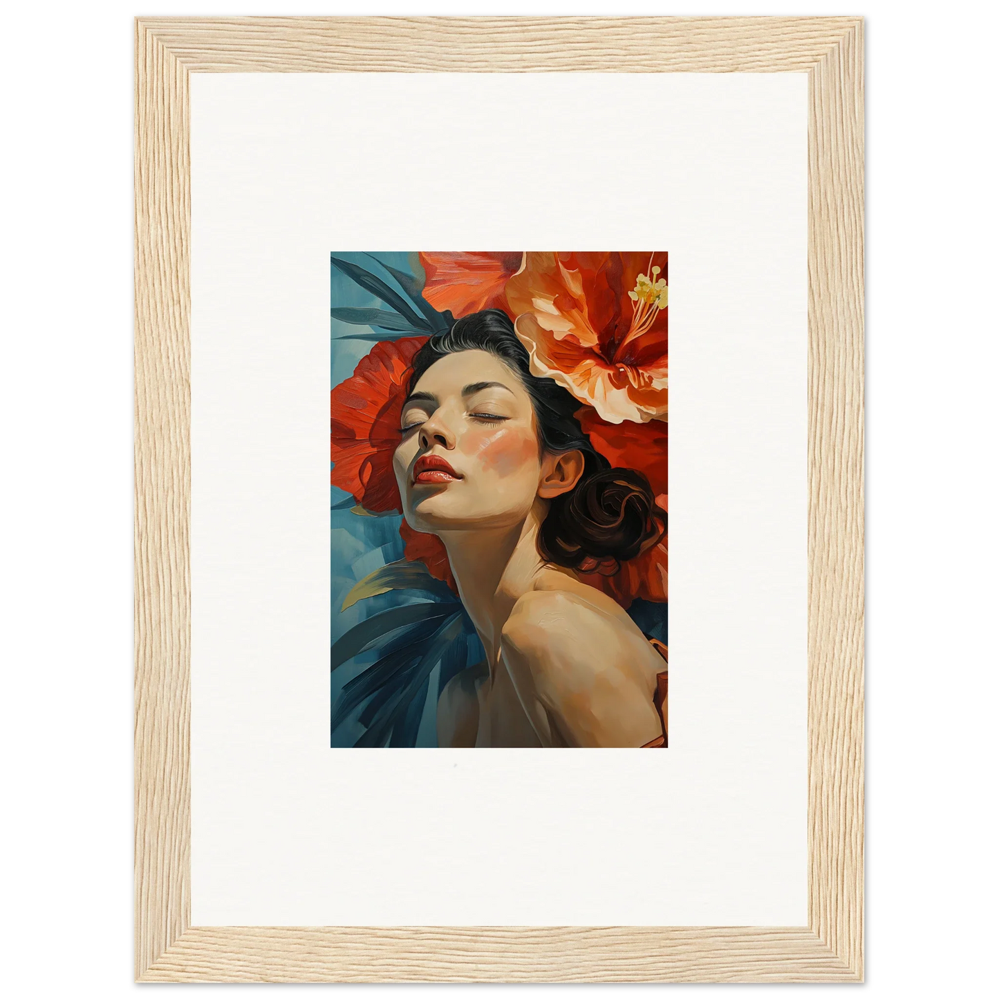 Framed wall art of a woman with closed eyes surrounded by red flowers, Petal Palpitation