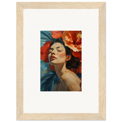 Framed wall art of a woman with closed eyes surrounded by red flowers, Petal Palpitation