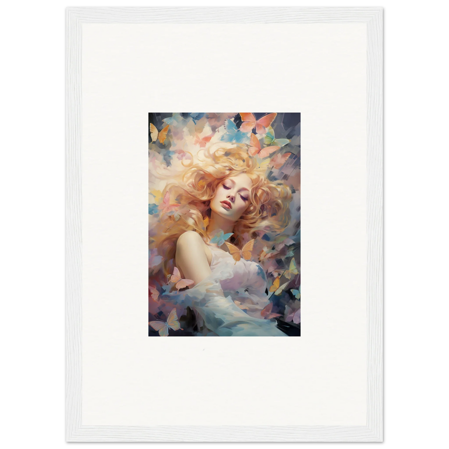 Framed wall art of a woman with flowing hair in colorful abstract design for room decor