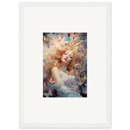 Framed wall art of a woman with flowing hair in colorful abstract design for room decor